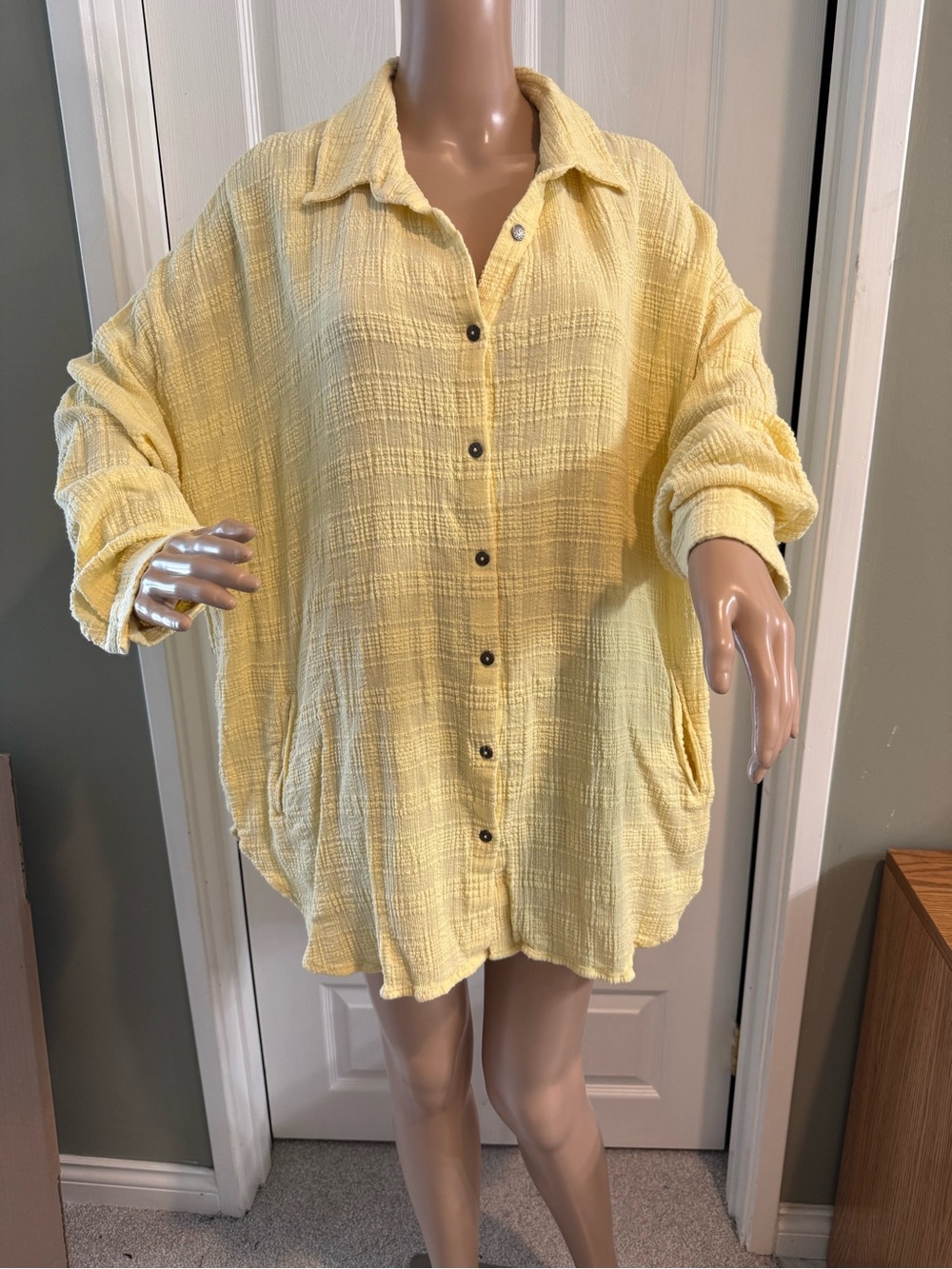 Soft Surroundings Yellow Textured Cotton Gauze Button Tunic Top Plus Size 1X
